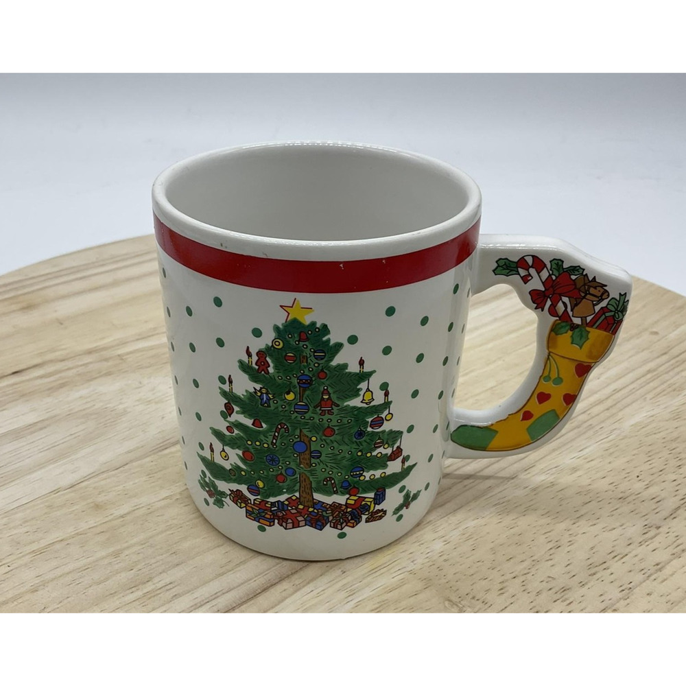 Christmas Tree Ceramic Mug Holiday‎ Coffee Cup Red Rim Stocking Handle Polka Dot